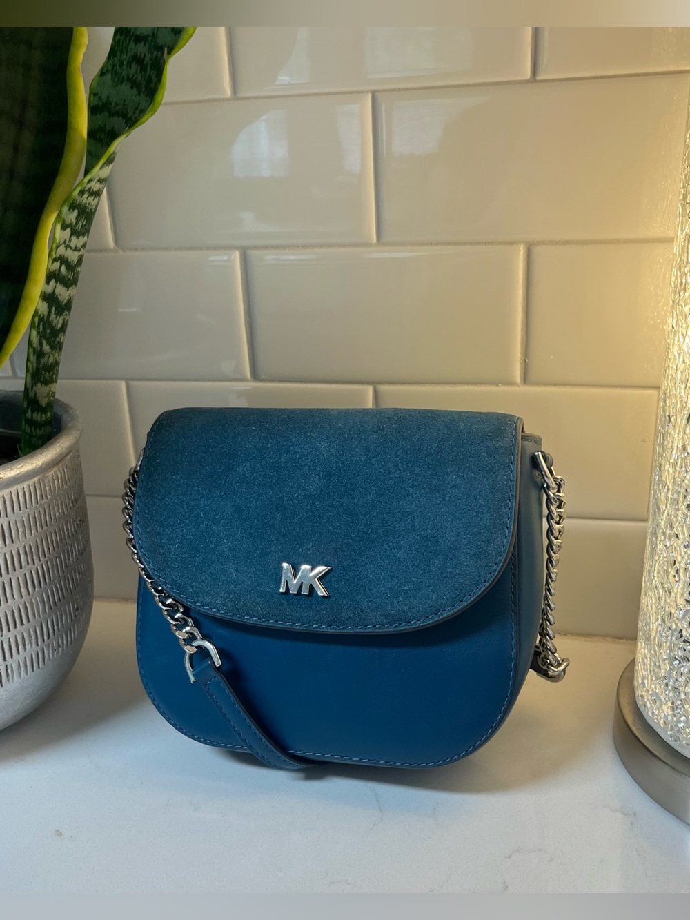Michael Kors Teal Suede & Leather Crossbody Bag Silver Chain Strap
